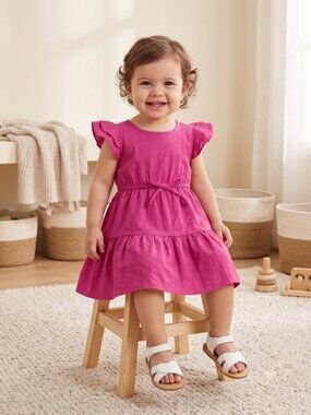 NWT Arshiner Toddler Girls Hot Pink Ruffle Sleeve Tiered Linen Blend Dress 12-18
